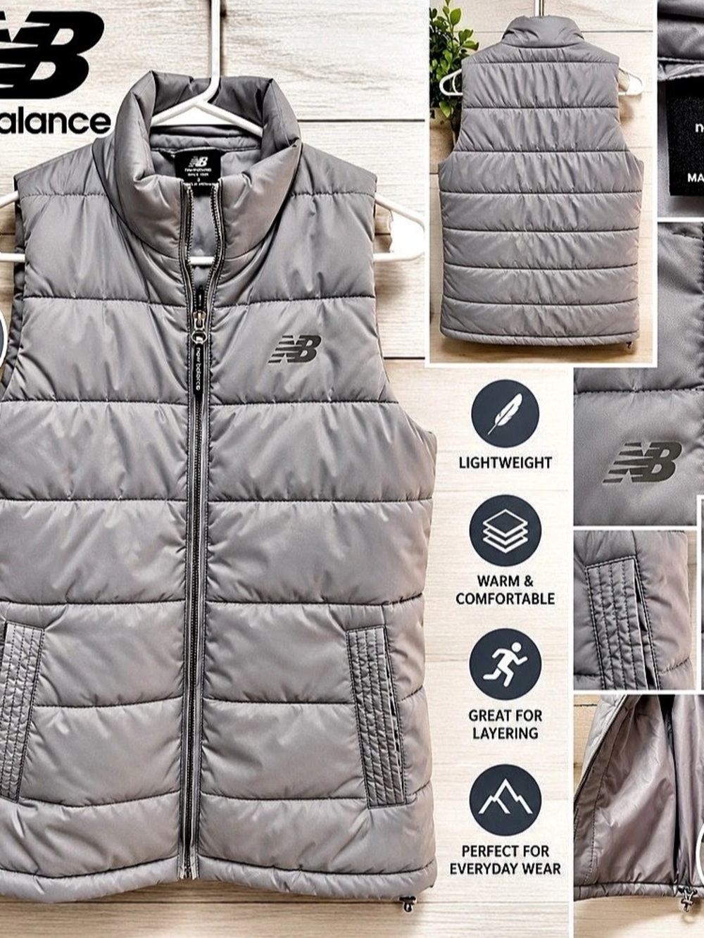New Balance Women’s Small Gray Quilted Puffer Vest Full Zip Adjustable Hem